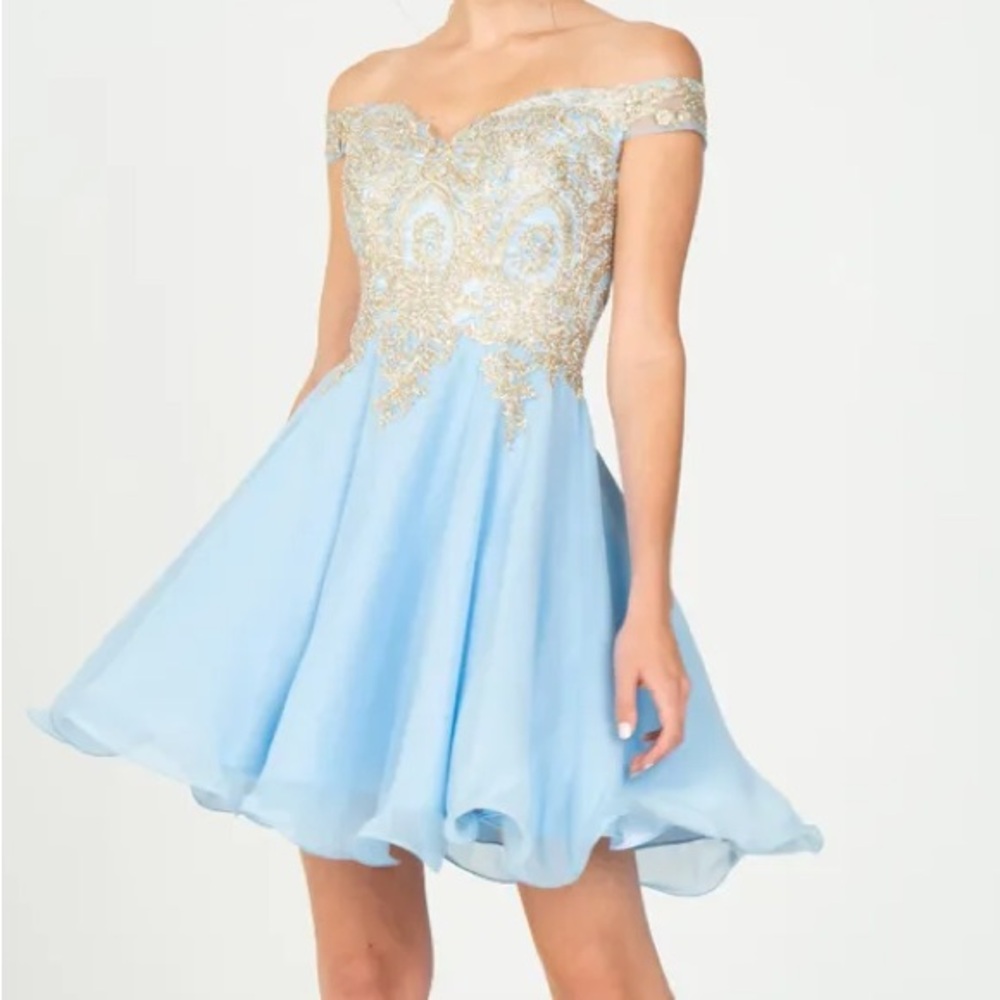 Eureka 8733 size medium light blue/gold chiffon off the shoulder short dress